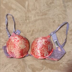 Women's Pink Patterned Push-Up Bra with Lavender Lace